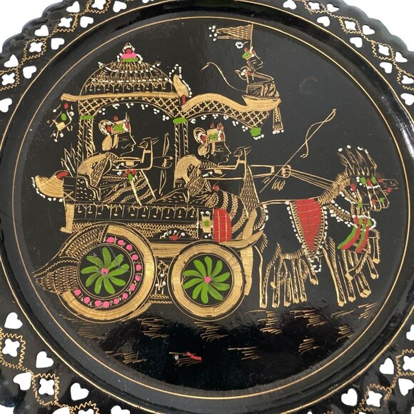 Vintage Asian Black Metal Wall Plate With Horse Carriage Design - Picture 2 of 4